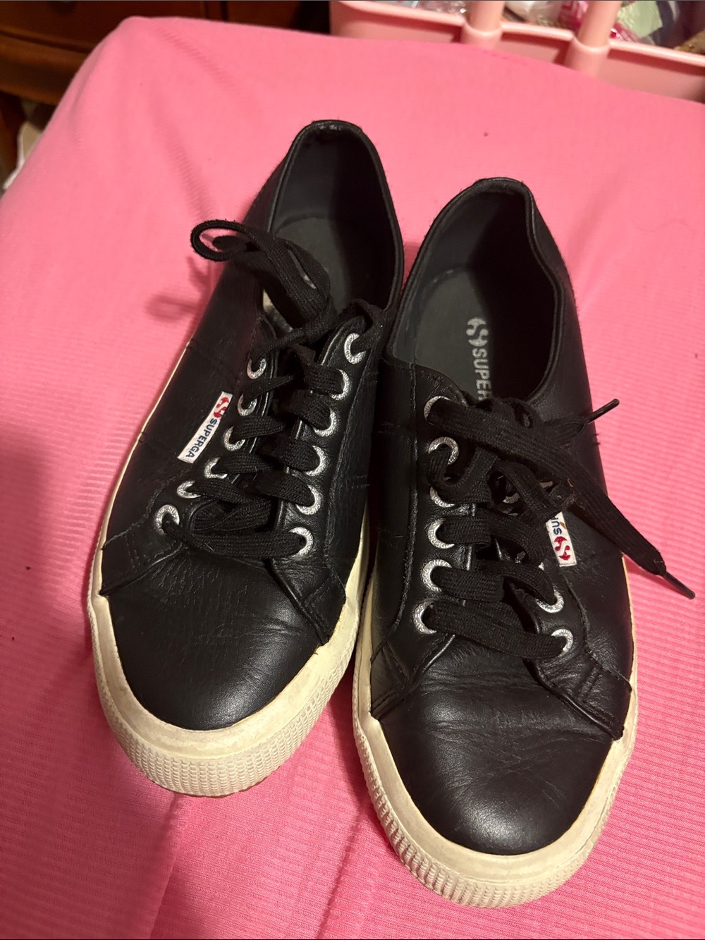 Superga Black Leather Low-Top Sneakers with Off-White Sole